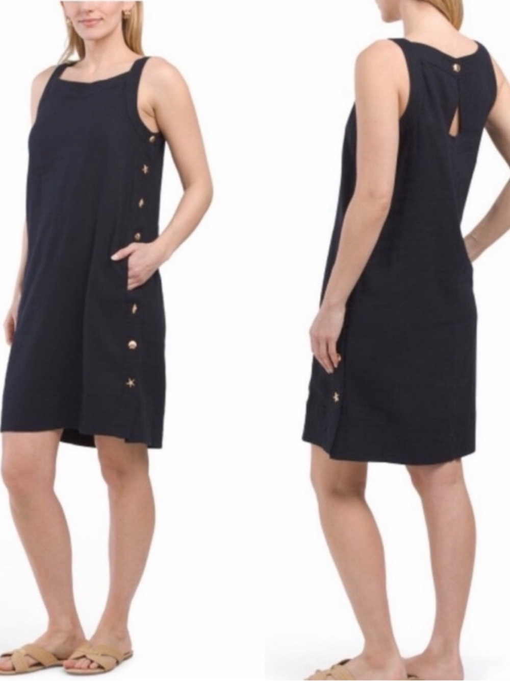 Lagenlook Linen Dress M Navy Blue Side Button by For Cynthia Coastal Minimalist